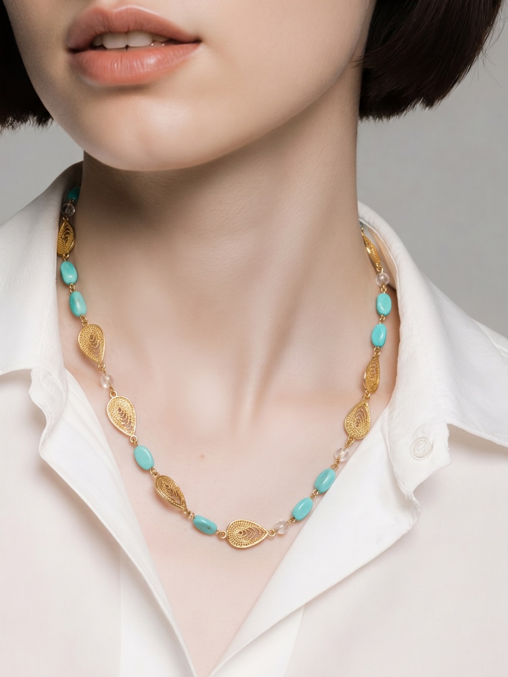 Gold Filigree & Turquoise Bead Necklace - Elegant Women's Jewelry